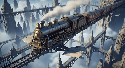 Fototapeta premium A steam train travels on elevated tracks through a fantastical city with towering buildings and bridges in a surreal, dreamlike landscape.