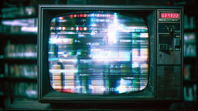 A magnified shot of an old TV screen displaying static with faint library footage in the background