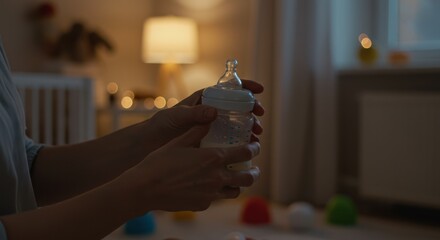 Person preparing bottle of milk in nursery room at night