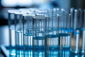 Close up of laboratory test tubes filled with blue liquid