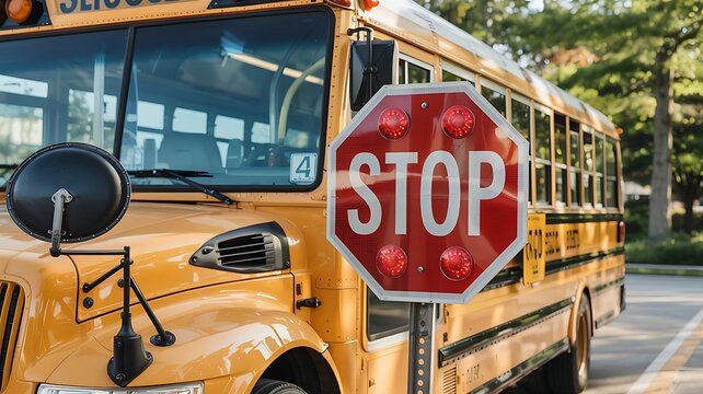 Close up of a bright yellow school bus with a red octagonal stop sign in the foreground on a sunny day