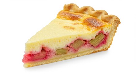 rhubarb custard pie slice isolated on white background for culinary and dessert themes