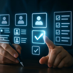 Futuristic HR Management and Candidate Selection Interface – Digital Recruitment Process with Virtual Profile Assessment and Checklist Validation.