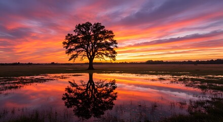 Obraz premium * Stunning Sunset Reflection with Lone Tree in Serene Landscape * Vibrant Dawn Sky Reflected in Water with Solitary Oak Tree * Breathtaking Sunset over Wetland with Tree Silhouette * Dramatic Sky 