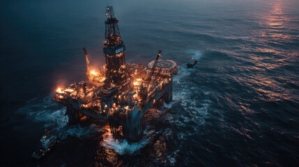 Offshore Oil Rig at Dusk: A colossal offshore oil rig, illuminated with powerful lights against the dusky backdrop of the ocean.