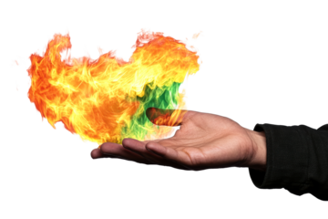Hand holding vibrant flames with a transparent background