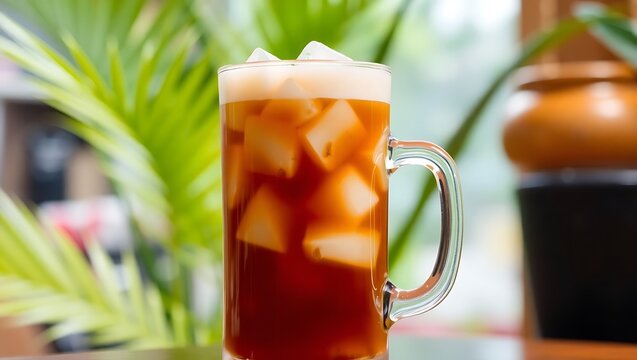 Es Teh Tarik in a transparent glass mug, ice cubes visible, foam overflowing slightly at the top, tropical cafe ambiance with blurred plant background