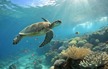 Sea Turtle Swimming Above Coral Reef in Clear Blue Tropical Ocean Water, Turtle.
