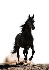 Fototapeta premium Black Horse Running on Sandy Ground in Dynamic and Expressive Pose