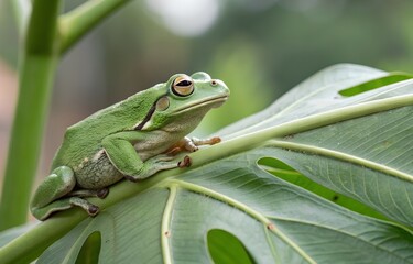 Green Tree Frog Sitting on Leaf, Macro Close-Up with Soft Blurred Background.