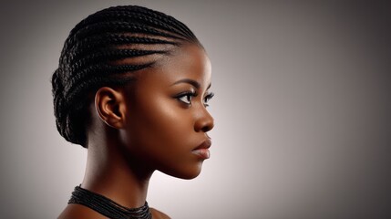 Side view of a young, muscular African woman with braided hair and natural makeup