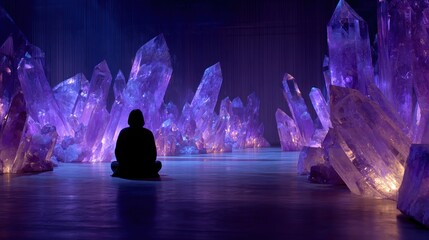 Silhouette meditates amidst crystals