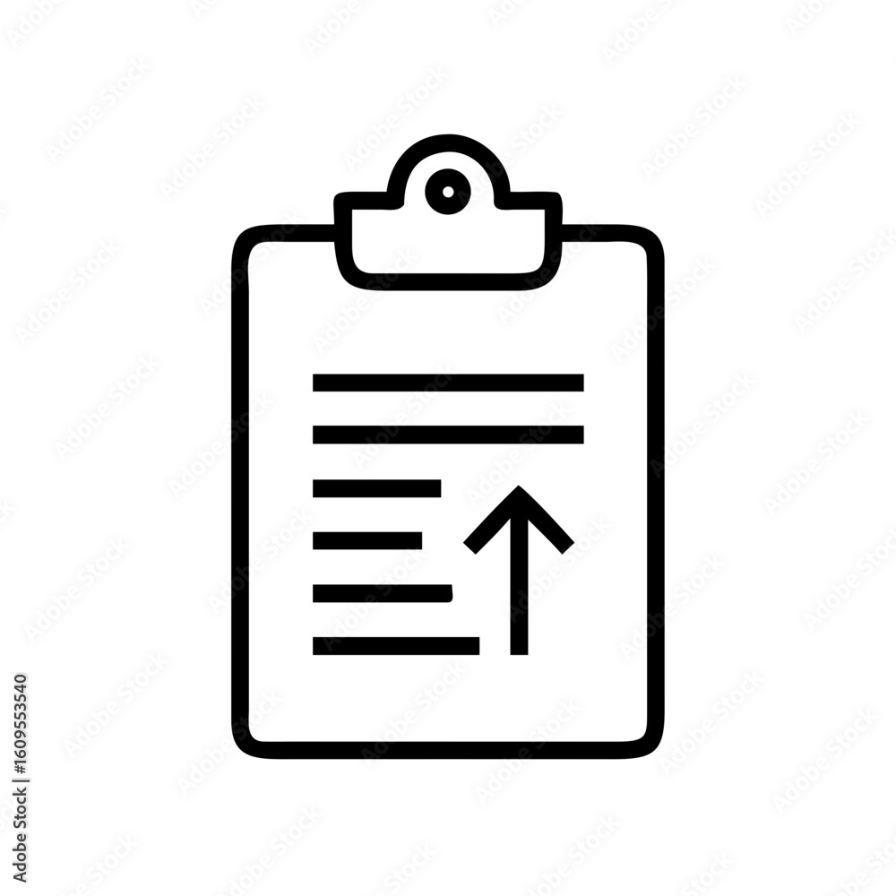 Poster clipboard with horizontal lines and upward arrow indicating progress and document management tasks o