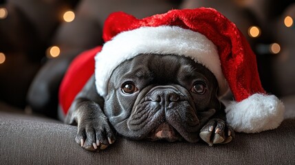 Sleepy French Bulldog in Santa Hat