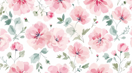 Repeating floral pattern features pink, purple, and blue flowers with green leaves and stems on a light beige background.