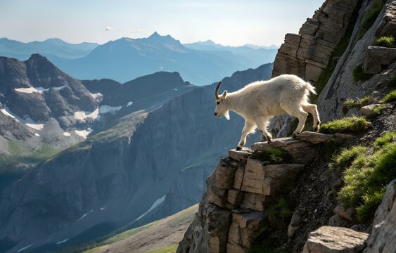 White Mountain Goat Standing on Rocky Cliff in Alpine Environment, Dramatic Wildlife Composition
