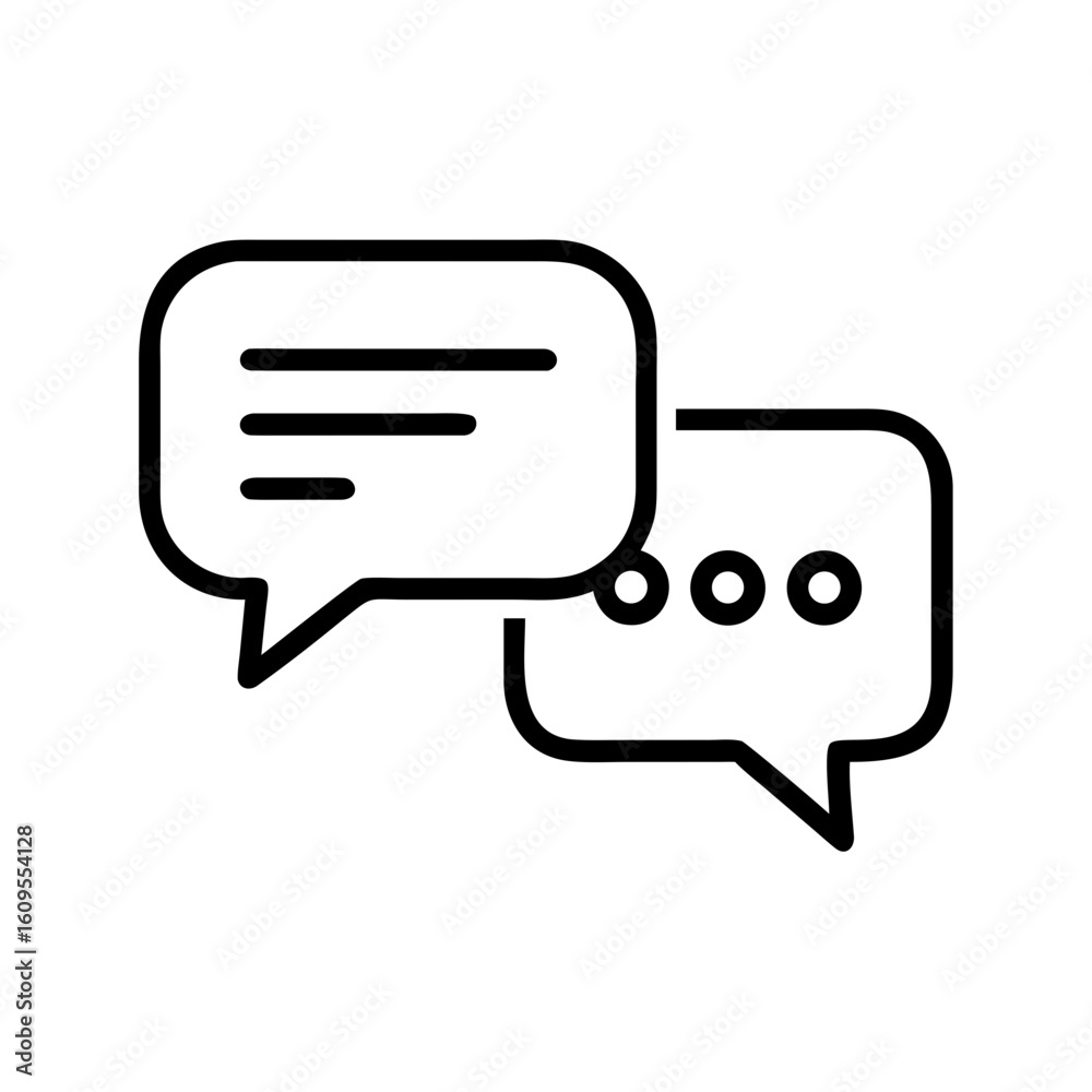 Poster two speech bubbles overlapping one another one with lines and the other with three dots in black out