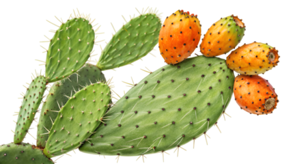 prickly pear cactus with yellow cactus fruit isolated on transparent background