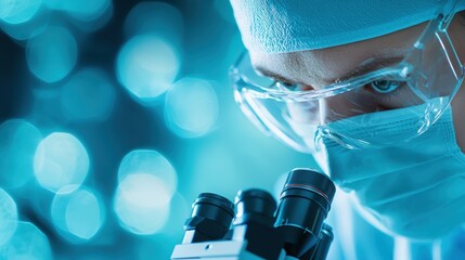 Analyzing Scientist carefully analyzing a blood sample under a microscope in a laboratory setting.