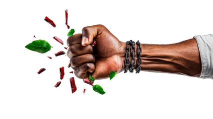 Powerful fist breaking through red shards and green leaves