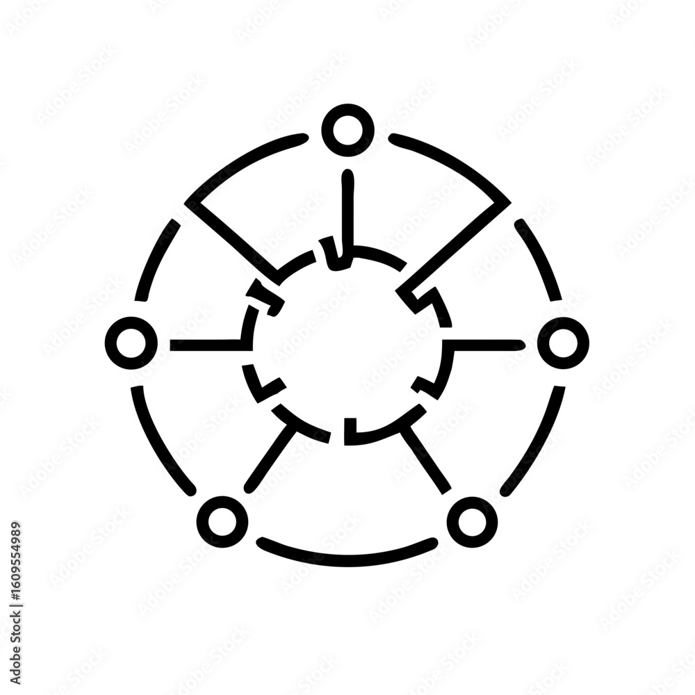 Poster circular network diagram with interconnected nodes and central hub representing a complex system flo