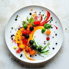 Vegan dishes artfully plated and styled to resemble vibrant abstract art, blending culinary creativity with visual expression.
