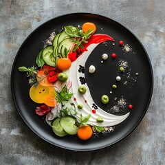 Vegan dishes artfully plated and styled to resemble vibrant abstract art, blending culinary creativity with visual expression.

