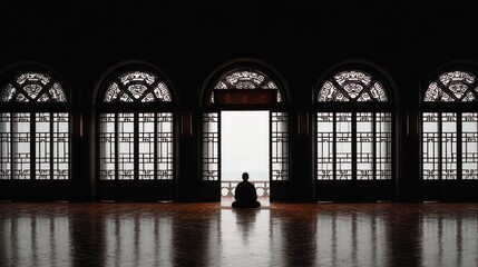Monk meditating in ancient hall