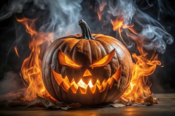 A menacing jackolantern engulfed in flames and smoke