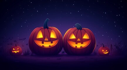 Two glowing jack o lanterns with smaller pumpkins at night halloween spooky