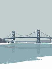 Fototapeta premium Duluth, MN – Aerial Lift Bridge over icy harbor in steel gray, ice white, lake blue, and overcast silver