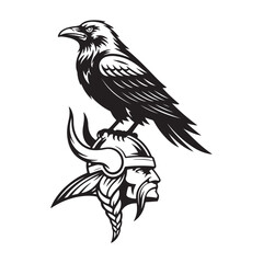 Obraz premium Black raven perched on a viking head with horned helmet illustration