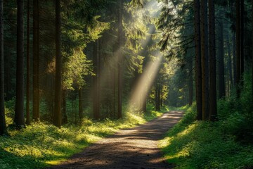 Obraz premium A peaceful forest trail illuminated by rays of sunlight peeking through the trees, creating a stunning scenic world landscape wallpaper background