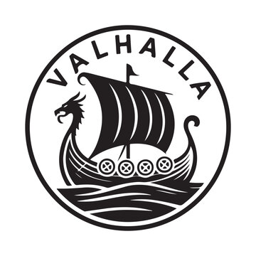 Valhalla viking ship logo in black and white circle illustration