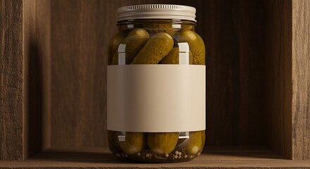 Pickle Jar in Wood: A jar of delicious pickles sits in a wooden area with blank sticker for marketing, creating a vintage, homely ambiance.