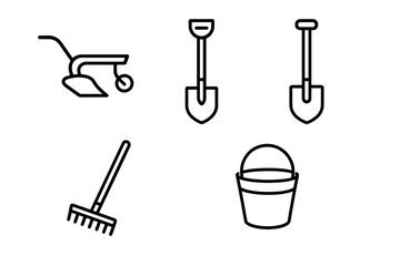 Obraz premium Set of gardening tools icons: shovel, rake, wheelbarrow, bucket