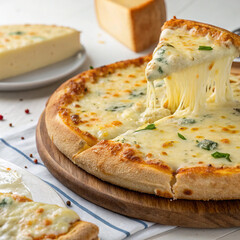 "Cheese Pizza with Stretching Melted Cheese and Fresh Basil on Wooden Board"