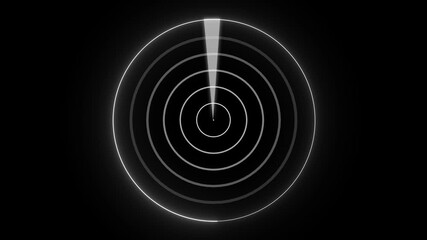 Rotating radar screen with neon concentric circles and scanning beam. White digital sonar scanner with pulse rotation on black background. - Powered by Adobe