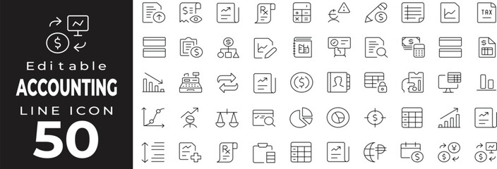 Accounting and finance set of web icons in line style. Business and money management linear icons collection. Containing tax, invoice, balance, accountant, dollar, banking, audit, payment, report. Edi