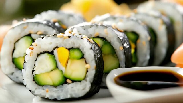 Close-up of several sushi rolls on a plate, with soy sauce, featuring nori, rice, avocado, and other fillings