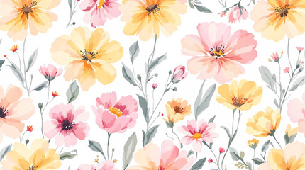 Pastel pink, orange, peach, and green floral pattern on a cream background. watercolor flower seamless pattern. Watercolor print in rustic vintage style, textile or wallpaper.