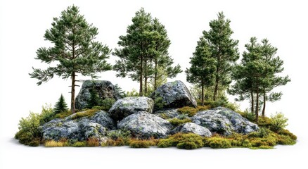 Image of spruce forest and rocks as a cutout object with transparent background in png format