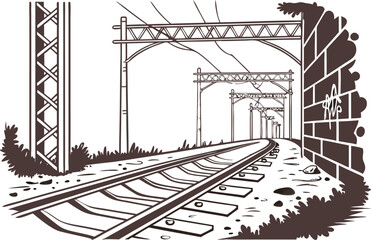 Fototapeta premium Railway tracks with overhead wires and brick wall poles