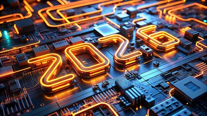 The year 2026 is illuminated on a circuit board with neon lights