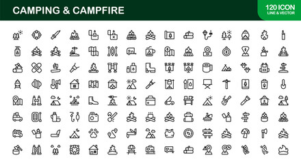 Camping and Campfire Icon Set in Vector Style Featuring Tents, Fire, Outdoor Gear, and Nature Symbols