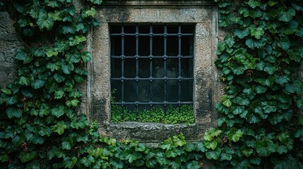 Stone wall window overgrown with ivy