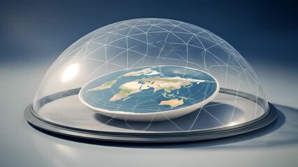 A detailed flat earth map under a clear glass dome model viewed from above