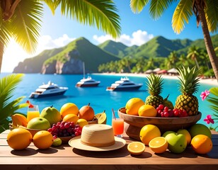 Obraz premium Tropical fruit display by the sea