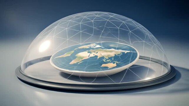 A detailed flat earth map under a clear glass dome model viewed from above