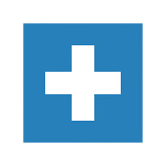 Fototapeta premium White plus sign centered on a solid blue square background.